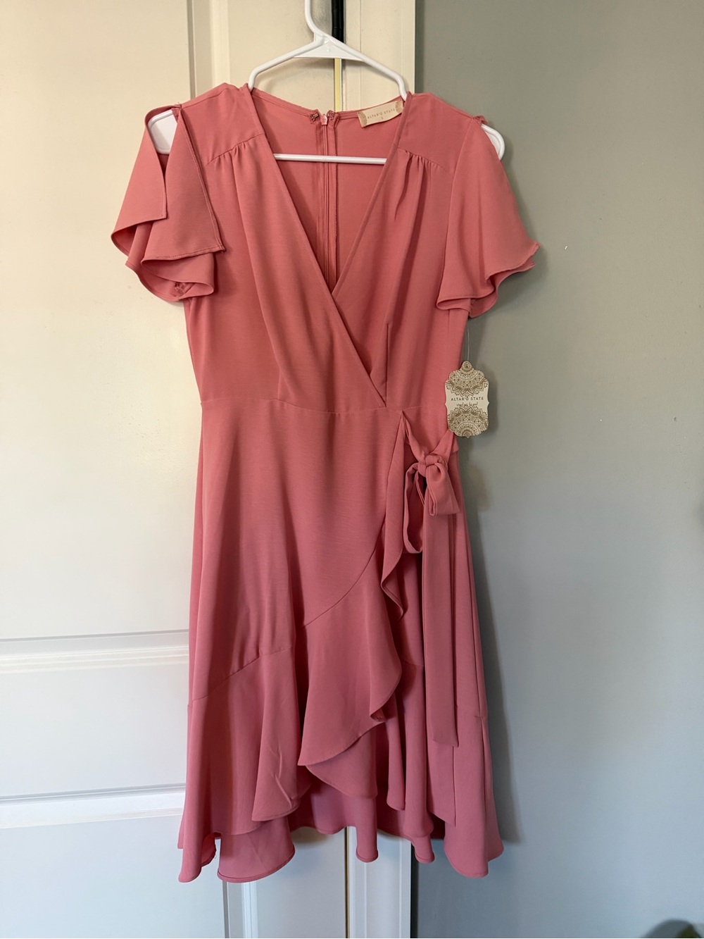 Altar'd State Rose Pink Ruffle Wrap Midi Dress